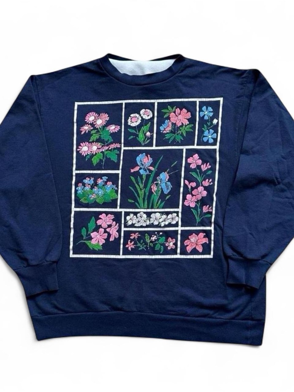 Vintage 1990s Women's Navy Floral Panel collar Sweatshirt L